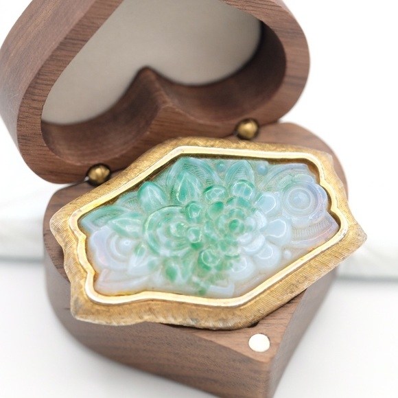 Hattie Carnegie Jewelry - Vintage Hattie Carnegie Faux Jade Glass Brooch - Signed, Gold Tone